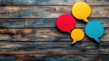Vibrant Red Yellow and Blue Speech Bubbles on Rustic Wooden Background for Mental Health Awareness with Ample Copy Space for Text