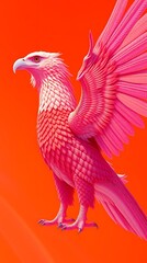 A vibrant, surreal pink eagle with oversized wings, set against a bold orange background.

