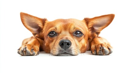 Obraz premium Resting Red Terrier Chihuahua Dog with Affectionate Expression on White Background High-Quality Image Suitable for Text Placement