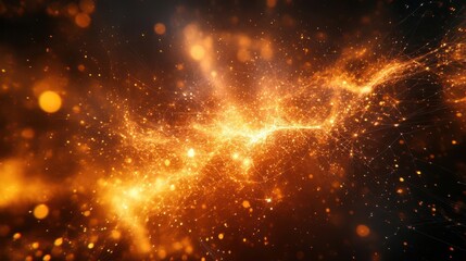 Fototapeta premium A vibrant explosion of golden sparks and glowing particles, creating a dynamic and energetic atmosphere in a cosmic-like setting.