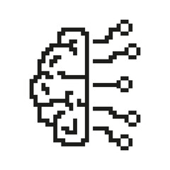 Pixelated Brain with Circuits Icon. Artificial Intelligence and Neural Network Symbol. AI Technology with Circuit Elements Design. Isolated Vector Illustration