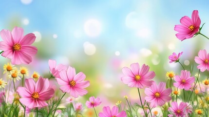 Vibrant spring landscape featuring blooming pink and yellow flowers in a lush green field under a bright blue sky with ample space for text.