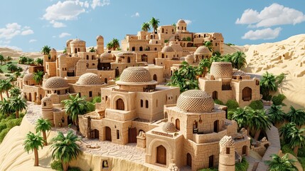 Ancient Desert Village with Unique Architecture and Lush Greenery