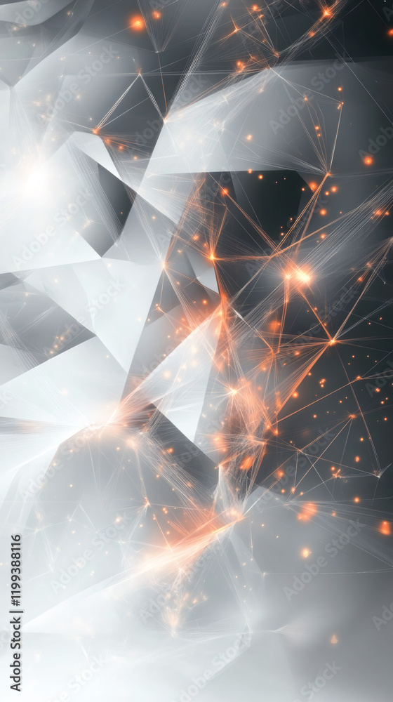 Poster plexus effect with orange glowing lines and dots creating a futuristic network on a polygonal backgr