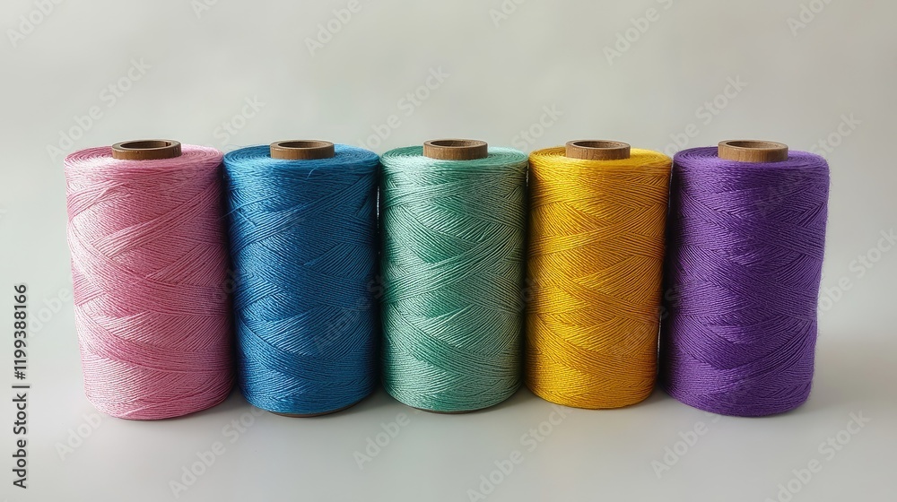 Poster vibrant pastel spools of thread in a craft supply store arranged neatly on a light grey background w