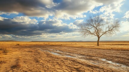 Desert scene post-winter rain with cracked soil, sparse tree, and cloudy sky.