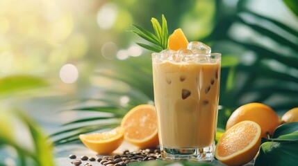 Refreshing Iced Coffee with Orange Slices and Tropical Leaves