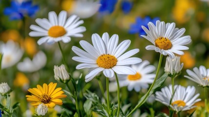 Fototapeta premium Vibrant spring garden featuring white daisies and yellow flowers against a backdrop of blue blossoms in a sunny natural setting with ample empty space for text.