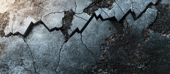 Cracked concrete texture with jagged financial charts depicting economic crisis concepts in shades of grey and dark tones with space for text