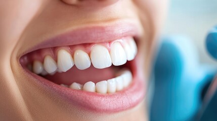Obraz premium Dental professional digitally assessing a patient's bright white smile in a contemporary clinic setting with soothing blue tones and clear space for text.