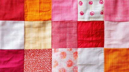 Colorful patchwork fabric texture in vibrant red, white, orange, and pink hues featuring quilted squares with ample empty space for text illustration.