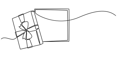 Continuous one line drawing gift box on holiday. Opened decorative box with confetti. Present package with bursting elements, surprise inside. Single line draw design vector graphic, Continuous one.