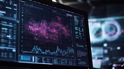 Obraz premium A closeup of a monitor screen filled with mixed graphssome depicting trends over time others showing correlation coefficientsset against a dark background for contrast.