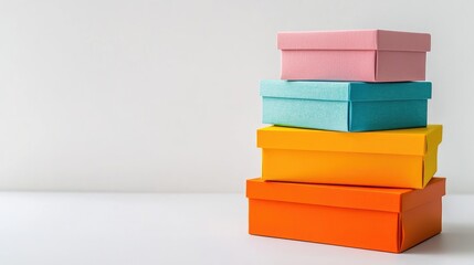 Vibrant multicolored gift boxes stacked harmoniously on a minimalist white background, perfect for celebrating festive occasions with ample space for text.