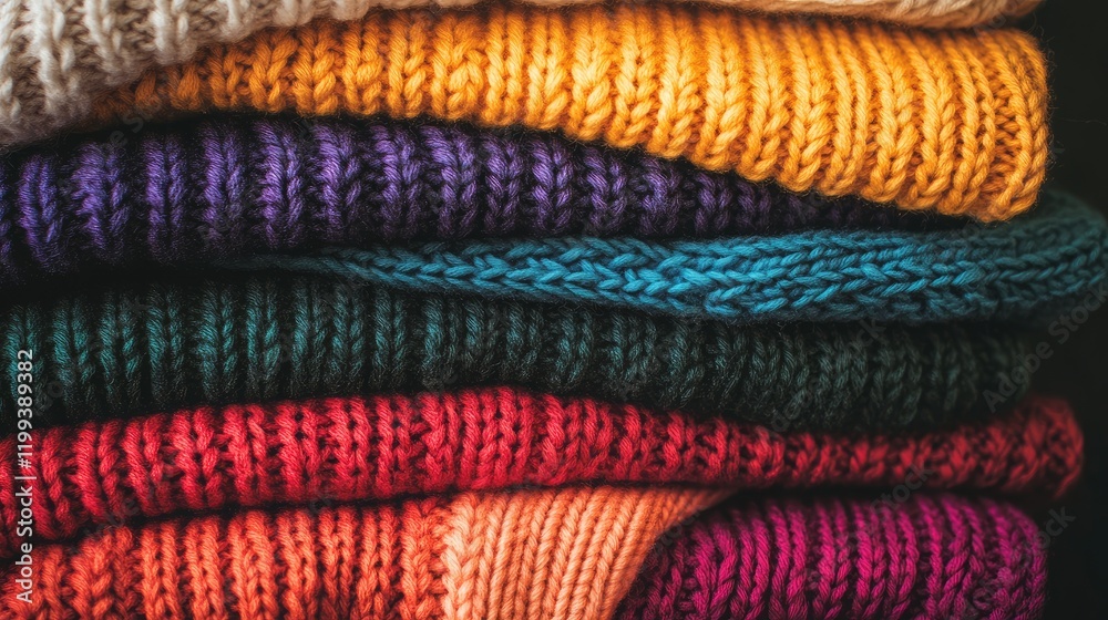 Poster vibrant assorted knitted sweaters in warm tones stacked on a dark background with empty copy space f