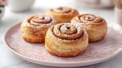 Cinnamon roll topped with vanilla glaze sits on pink porcelain plate with elegant pattern. Dripping frosting adorns fluffy pastry texture on white marble surface in soft morning light.