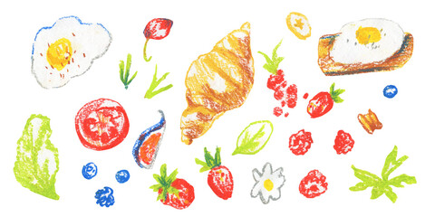 Clip art of colorful Breakfast drawn with wax crayons on white isolated background. Children's food collection of oil pastel illustrations. Designs for greeting cards, stickers, social media, posters.