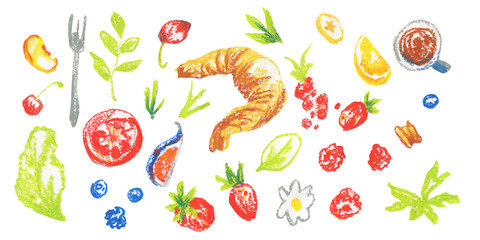Clip art of colorful Breakfast drawn with wax crayons on white isolated background. Children's food collection of oil pastel illustrations. Designs for greeting cards, stickers, social media, posters.
