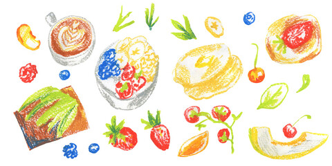 Clip art of colorful Breakfast drawn with wax crayons on white isolated background. Children's food collection of oil pastel illustrations. Designs for greeting cards, stickers, social media, posters.