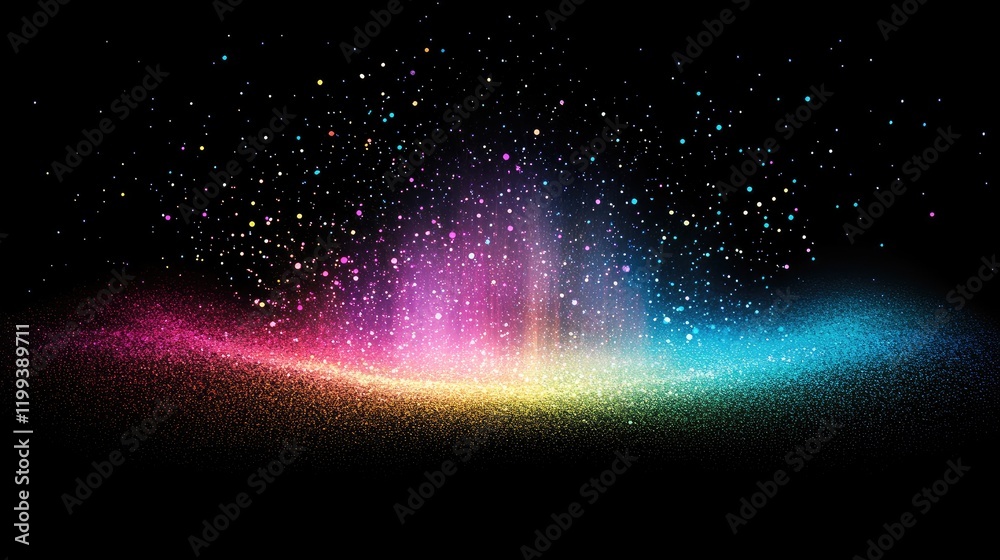 Poster vibrant rainbow stardust particles on black background creating an enchanting atmosphere with empty 