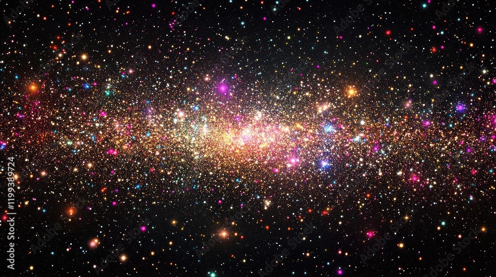 Poster vibrant cosmic stardust background with multicolored particles in dark space creating an enchanting 