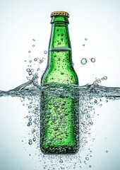 Green Glass Bottle Submerged in Water with Bubbles and Splash Effect, Capturing Refreshing Beverage Vibes and Liquid Motion in a Clean Background