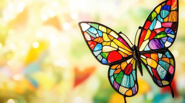 Vibrant Stained Glass Butterfly with Multicolored Mosaic Patterns Captured against a Soft Blurred Background, Ideal for Text Overlay Space