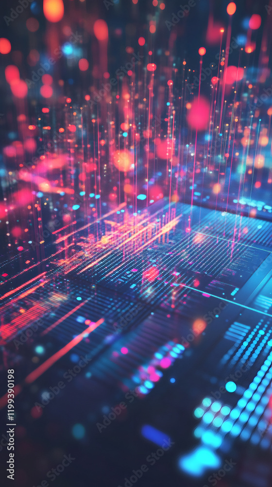 Poster data streams flowing across electronic circuit board, visualizing digital connectivity, technologica