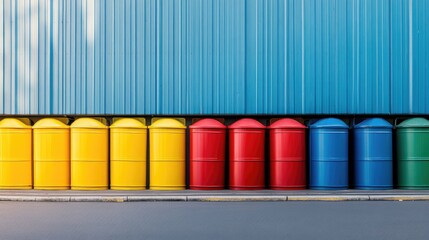 Colorful Storage Depot with Yellow Red Green and Blue Co Ex Poly Plastic Pails against Blue Exterior Wall and Empty Copy Space for Text on Ground