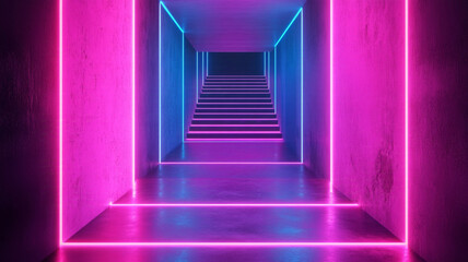 Obraz premium A corridor with stairs leading up, illuminated by vibrant pink and blue neon lights along the walls and floor, creating a futuristic atmosphere
