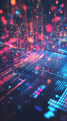 Fototapeta premium Data streams flowing across electronic circuit board, visualizing digital connectivity, technological innovation, computational progress