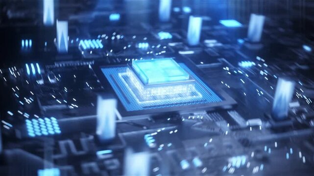 Technology chip display animation, CPU internal components operation and working principle, chip's complex design and function, data flow through chip circuit.