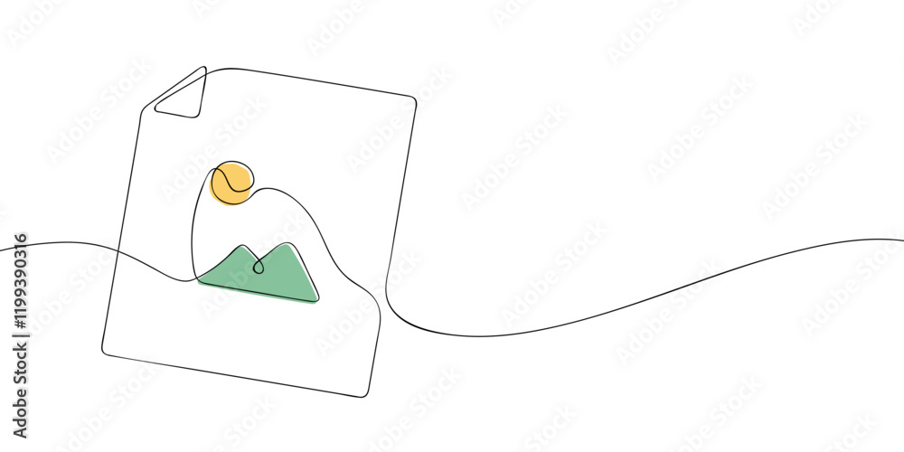 Poster a single line drawing of a file with picture symbol. continuous line gallery icon in color. one line