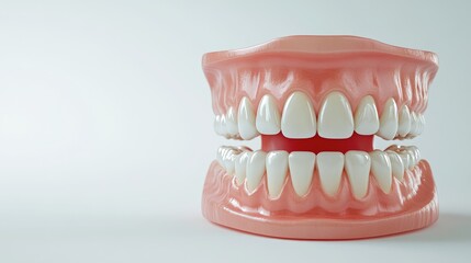 Obraz premium Dental Consultation Focus on White Porcelain Teeth with Realistic Model on Light Gray Background for Optical Dentistry Conceptual Imagery