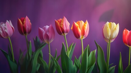 Fototapeta premium Colorful tulips against a soft purple background, spring flowers in bloom with space for text.