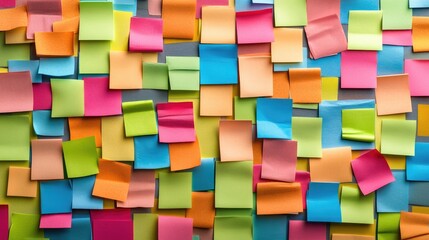 Vibrant collage of colorful sticky notes in a modern collaborative open office space with bright natural light creating a dynamic creative environment