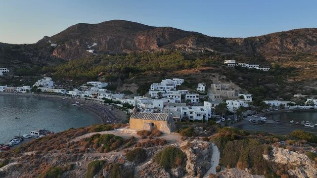 Aerial footage of the Saint George Church At Kapsali Village on Kythera Island at sunrise in Greece