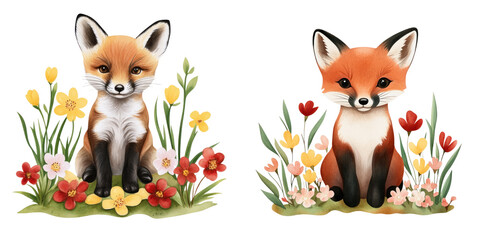 Fototapeta premium Cute baby foxes sitting among colorful flowers, showcasing playful and cheerful atmosphere