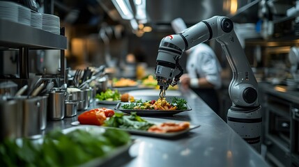AI robot chef arm in a modern restaurant kitchen, showcasing cutting-edge automation technology in the food industry for precision cooking.