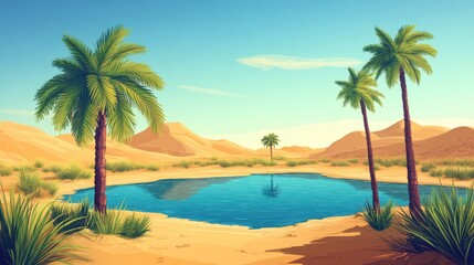 Obraz premium Desert Oasis Featuring Blue Water and Green Palms in Arid Landscape with Text Area