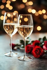 Celebratory toast with champagne glasses and red roses romantic setting lifestyle photography cozy ambiance close-up view