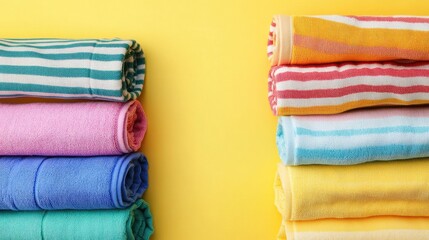 Vibrant striped beach towels stacked harmoniously on a bright yellow backdrop with ample empty space for creative text insertion