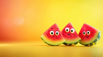 Playful and Colorful Watermelon Fruit Characters with Smiling Faces on a Bright Yellow and Orange Gradient Background for Text Space
