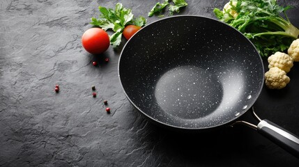 Colorful vegan vegetarian seasonal cauliflower curry in steel wok with tomatoes and greens on dark grey stone surface with empty space for text