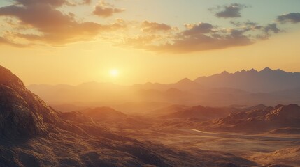 Obraz premium Desert landscape with rugged mountains and a vibrant sunset casting warm rays across the empty road and surrounding terrain.