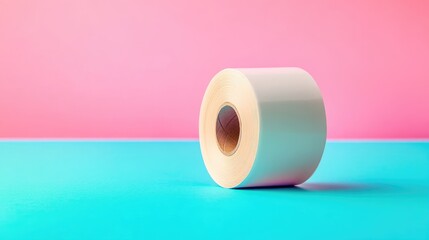 Adhesive sticker roll positioned on a vibrant turquoise and pink background with ample negative space for creative text placement