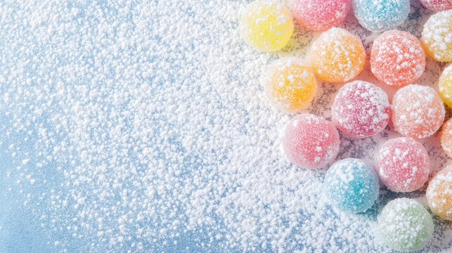 Colorful sugar coated candies in pastel hues of pink yellow and blue scattered on a light blue background with powdered sugar overlay for text space