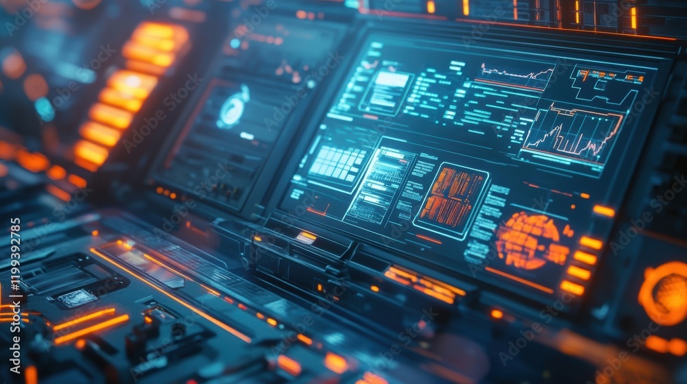 Poster an image zooming in on a sleek terminal screen filled with cybersecurity metrics and alert notificat