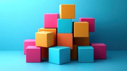 A vibrant arrangement of multicolored cubes stacked against a bright blue background, creating a playful and modern aesthetic.