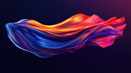 Obraz premium Dynamic action shot of vibrant flowing superhero cape in shades of blue, orange, and purple with dark background and ample copy space for branding.
